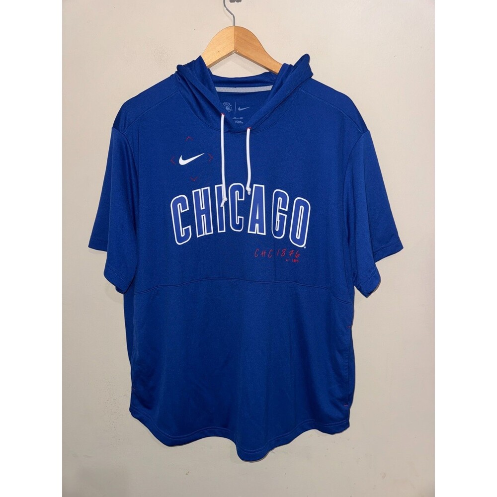 Mens XL Nike MLB Chicago Cubs Baseball Team Issued PE Short Sleeve Hoodie Shirt